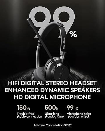Wireless Bluetooth Headset with Microphone for Work, Bluetooth 5.3, Noise Reduction Mic with HD Voice, Hi-Fi Stereo Sound, Lightweight & Comfortable Design for PC, Laptop, Phone, Call Center, Home