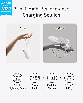 Anker Nano 3-in-1 Portable iPhone Charger, 10,000mAh Power Bank with Built-in USB-C Cable and Foldable Wall Plug, 30W Max Battery Pack, Travel Essentials for iPhone 17/16/15 Series, Galaxy, MacBook