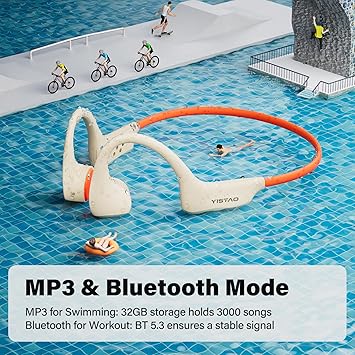 Bone Conduction Headphones, Open Ear Headphones Wireless Earphones, 32GB MP3, 8 Hours Playtime, Bluetooth 5.3, IP68 Waterproof Headphones for Running and Fitness Workout - Beige Orange
