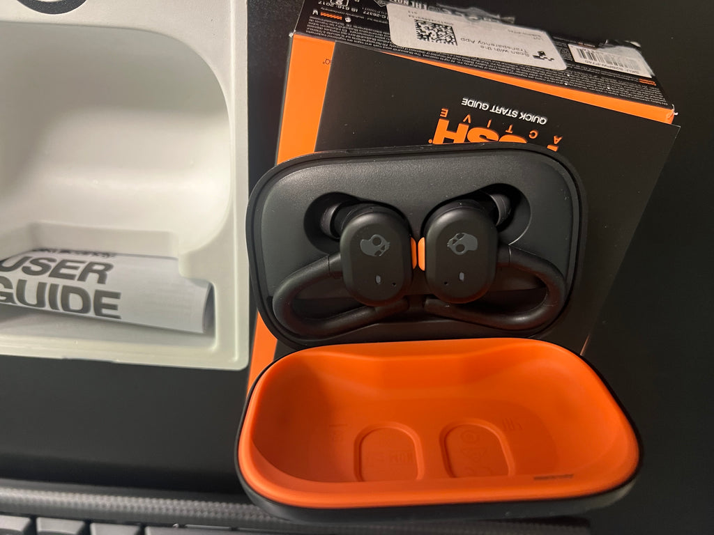 Skullcandy Push Active Wireless Earbuds, Bluetooth Headphones, Noise Isolating, 44 Hrs Battery, Secure-Fit Over-Ear Hanger, Sweat and Water Resistant, Microphone for iPhone Android - True Black/Orange