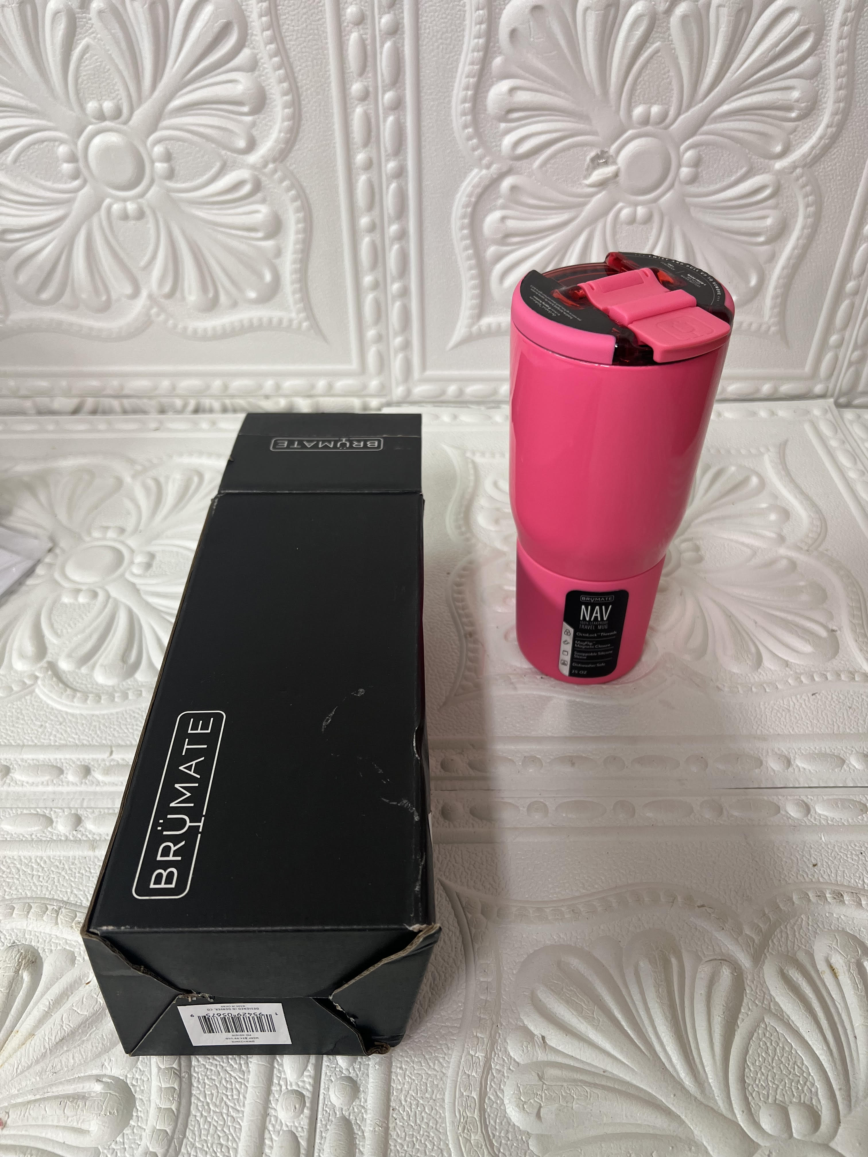 BrüMate Nav 25oz 100% Leak Proof Insulated Travel Tumbler with Magnetic BevLock™ Lid - Double Wall Cup-Holder Friendly Stainless Steel Mug (Neon Pink)